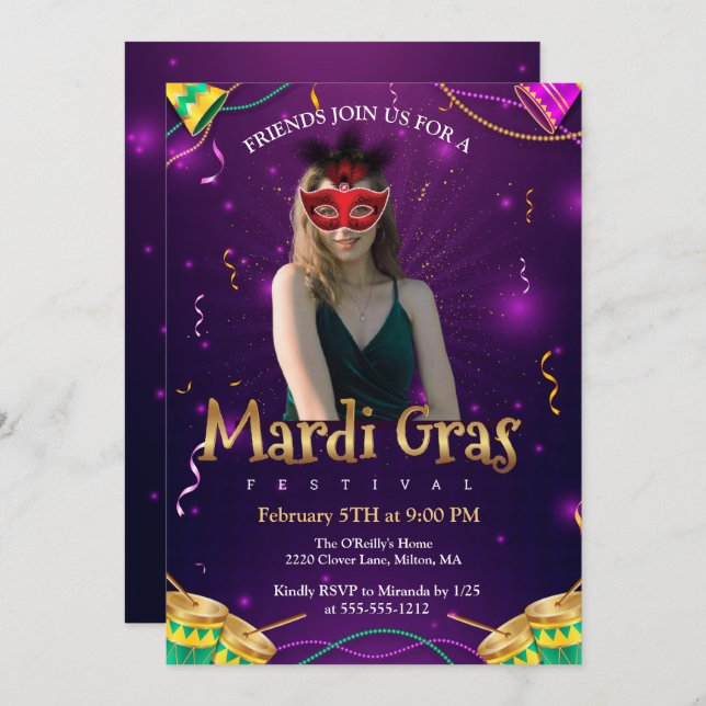 Personalize Photo Red Masquerade Masks Mardi Gras  Invitation (Front/Back)