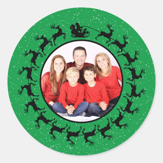 Personalize PHOTO Santa's Sleigh Christmas Green Classic Round Sticker (Front)