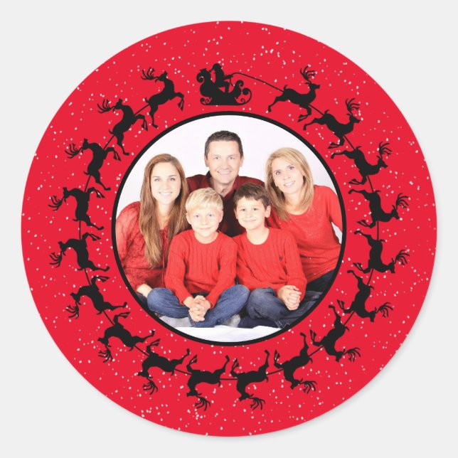 Personalize PHOTO Santa's Sleigh Christmas Red Classic Round Sticker (Front)