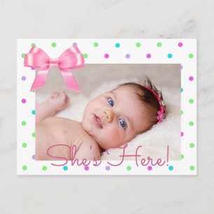 Personalize Photo "She's Here"  Birth Announcement Postcard