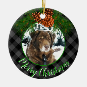 Personalize photo template grey plaid Holiday Pet  Ceramic Ornament