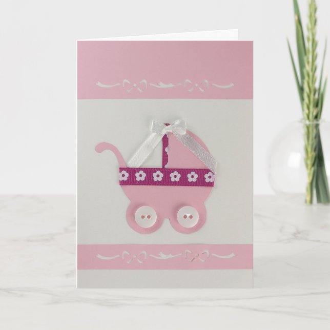 Personalize Pink baby carriage and white bow Card (Front)