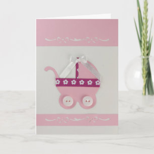 Personalize Pink baby carriage and white bow Card