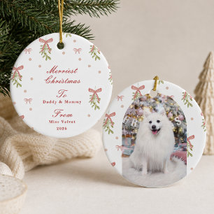 Personalize Pink Bow Mistletoe Pet Photo Christmas Ceramic Ornament