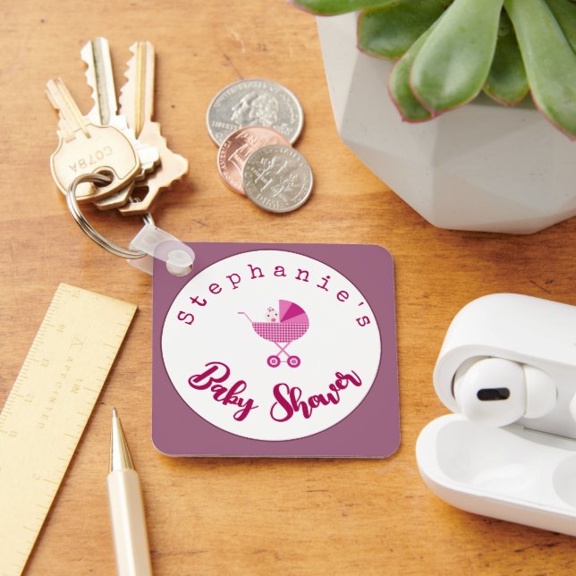 Personalize Pink Carriage Baby Shower Favour Keychain (Desk)