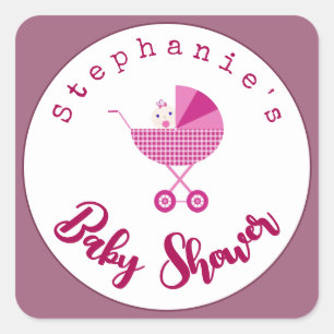 Personalize Pink Carriage Baby Shower   Square Sticker