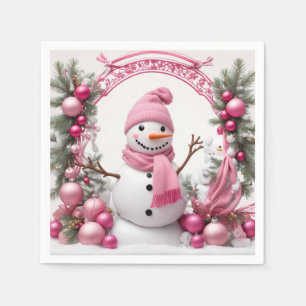 Personalize: Pink Christmas Snowman Napkin