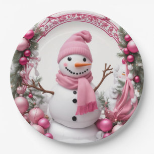 Personalize: Pink Christmas Snowman Paper Plate