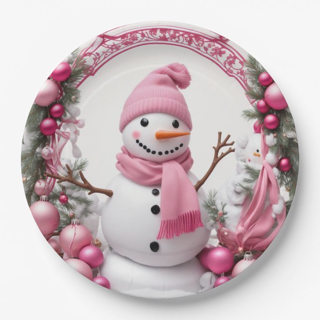 Personalize: Pink Christmas Snowman Paper Plate (Front)