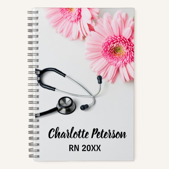 Personalize Pink Daisy Floral Registered Nurse Notebook (Front)
