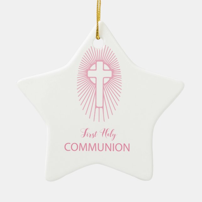 Personalize, Pink First Holy Communion Cross Host Ceramic Ornament (Front)