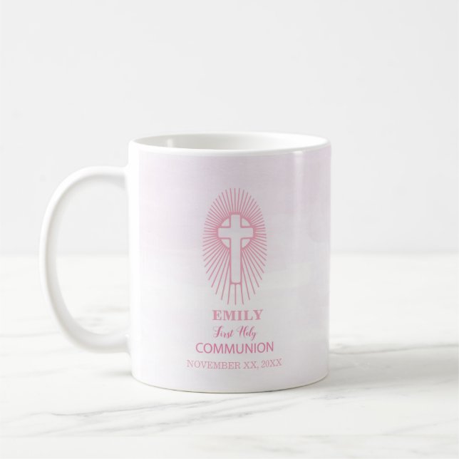Personalize, Pink First Holy Communion Cross Host Coffee Mug (Left)