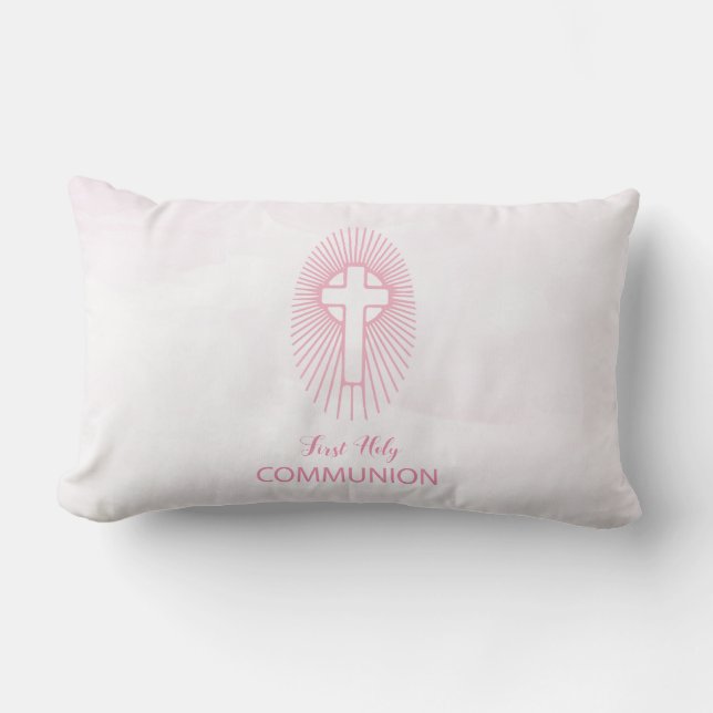Personalize, Pink First Holy Communion Cross Host Lumbar Pillow (Front)