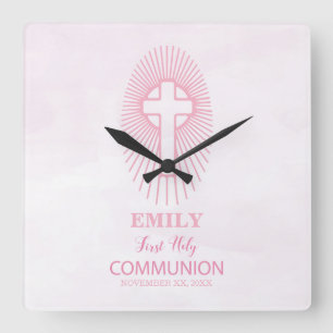 Personalize, Pink First Holy Communion Cross Host Square Wall Clock