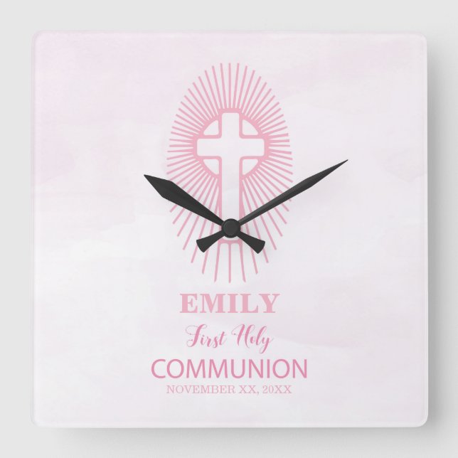 Personalize, Pink First Holy Communion Cross Host Square Wall Clock (Front)