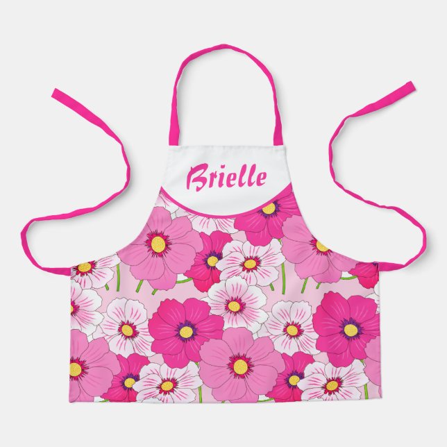 Personalize Pink Floral Girls All-Over Print Apron (Front)