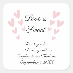 Personalize Pink Heart Love Is Sweet Wedding Square Sticker