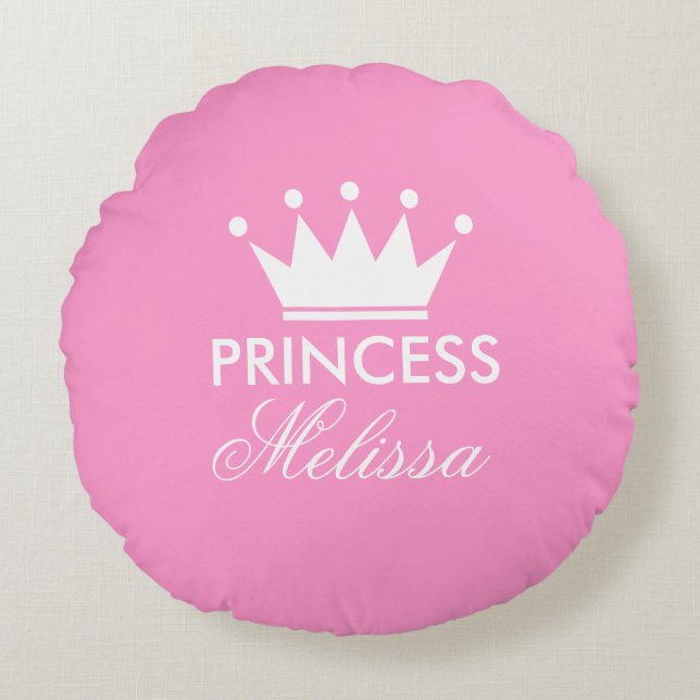 Personalize pink princess crown round throw pillow (Front)