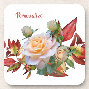 Personalize Pink Rose Autumn Red Leaves Coaster