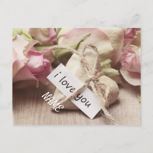 Personalize Pink Roses with Heart Postcard
