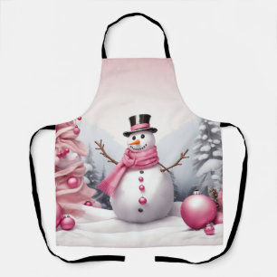 Personalize: Pink Theme Christmas Tree & Snowman Apron