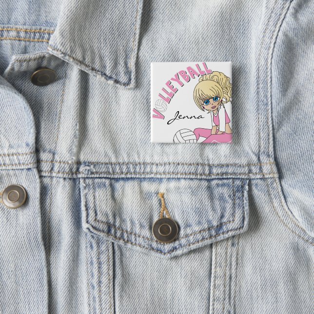 Personalize Pink Volleyball Cute Girl 2 Inch Square Button (In Situ)