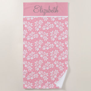 Personalize Pink White Grey Floral Beach Towel