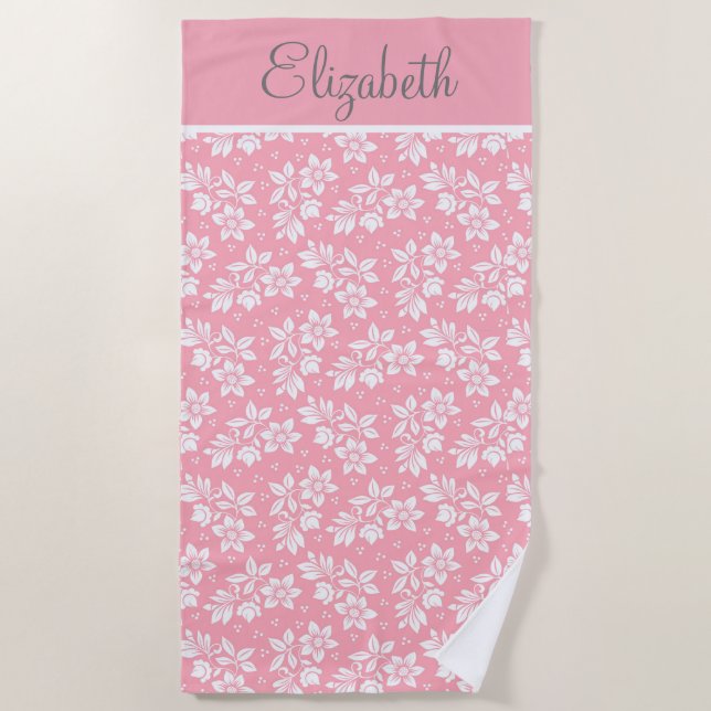 Personalize Pink White Grey Floral Beach Towel (Front)