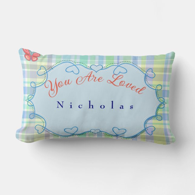 Personalize Plaid Blue Heart Border You Are Loved  Lumbar Pillow (Front)