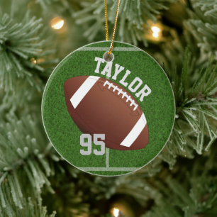 Personalize player Name and Number Football Ceramic Ornament