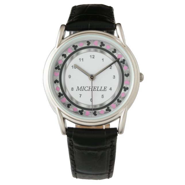 Personalize Poker Player - Sliver & Pink Watch (Front)