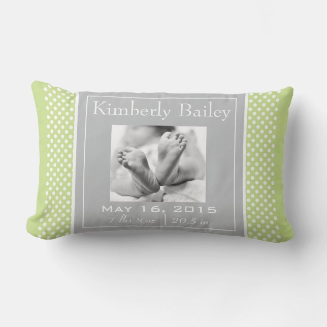 Personalize Polka Dots Nursery Birth Announcement Lumbar Pillow (Front)