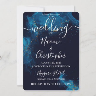 Personalize: Pretty Dark Blue Alcohol Ink Wedding Invitation