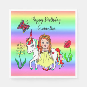 Personalize Princess and Unicorn Rainbow Birthday Napkin