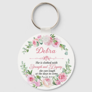 Personalize Prov 31:25 Mother's Day Pink Rose Keychain