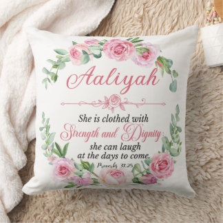 Personalize Prov 31:25 Mother's Day Pink Rose Throw Pillow