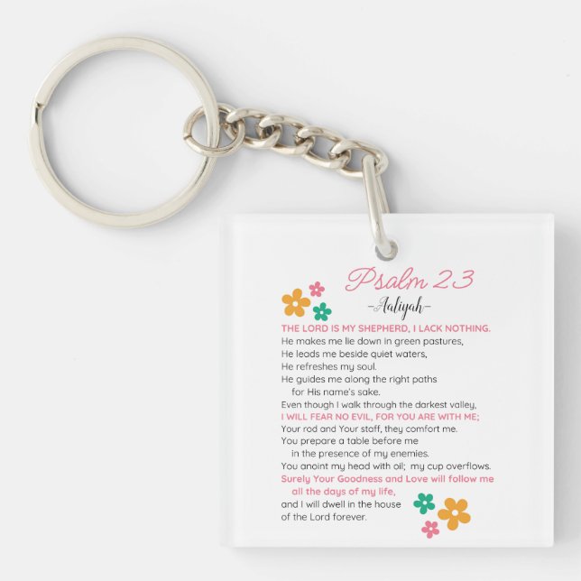Personalize Psalm 23-NIV Bible Scripture Flowers Keychain (Front)