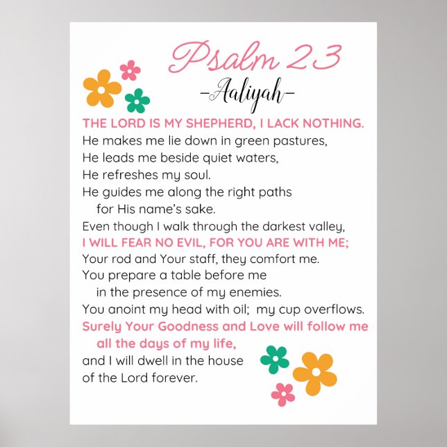 Personalize Psalm 23-NIV Bible Scripture Flowers Poster (Front)