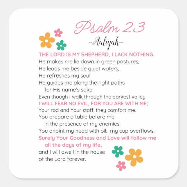 Personalize Psalm 23-NIV Bible Scripture Flowers Square Sticker (Front)