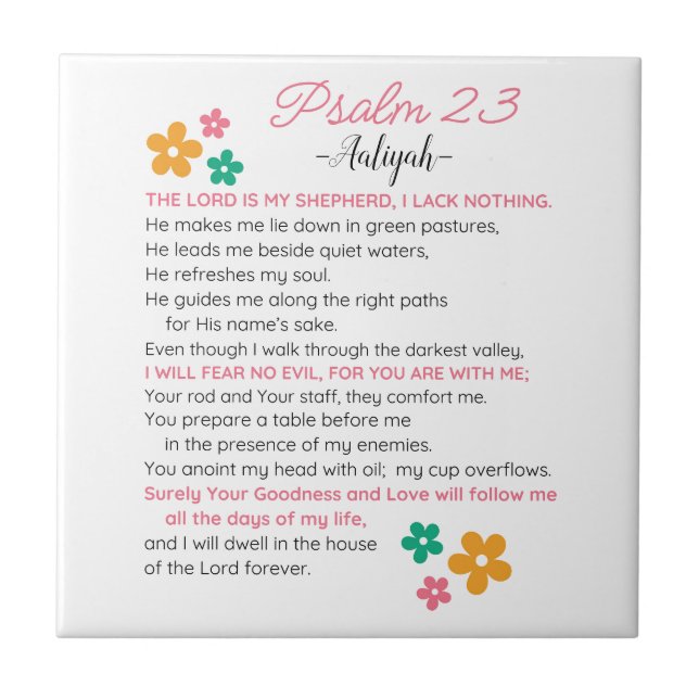 Personalize Psalm 23-NIV Bible Scripture Flowers Tile (Front)