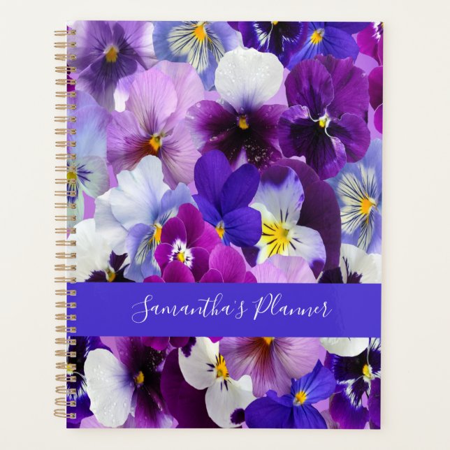 Personalize Purple Blue White Floral Pansy Flowers Planner (Front)