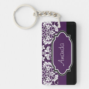 Personalize Purple Damask Keychain