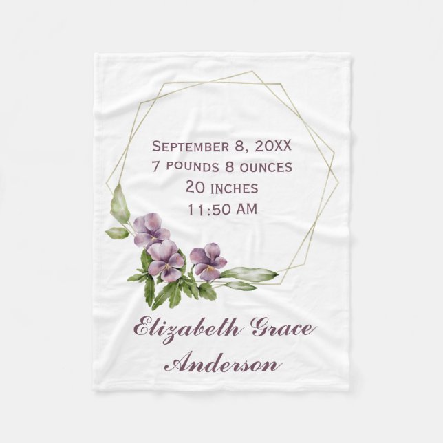 Personalize Purple Green Floral Birth Stats Baby Fleece Blanket (Front)