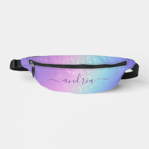 Personalize Purple Script Name on Bokeh Stars Fanny Pack