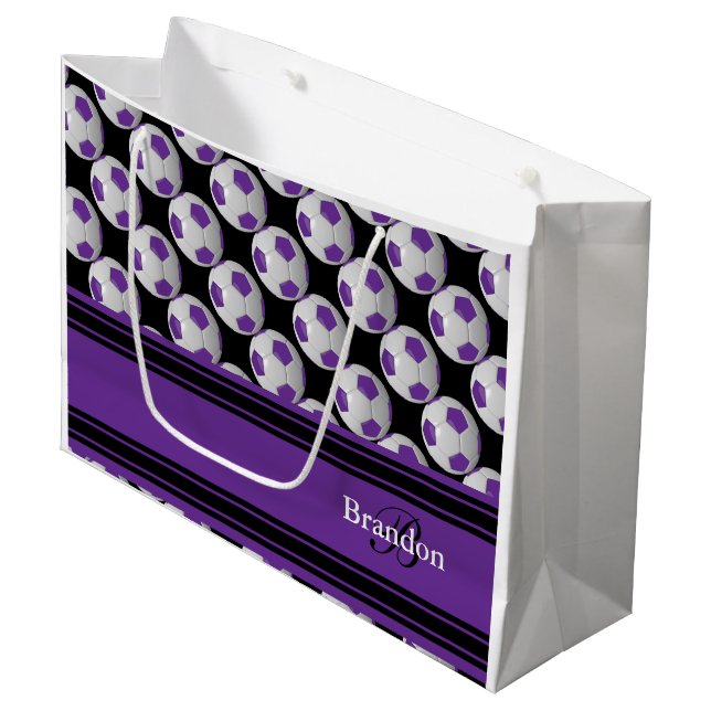 Personalize Purple Soccer Balls Large Gift Bag (Front Angled)