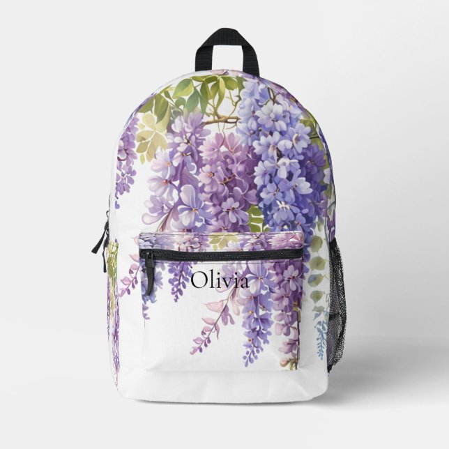 Personalize purple watercolor wisteria floral  printed backpack (Front)