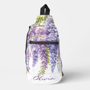 Personalize purple watercolor wisteria floral sling bag
