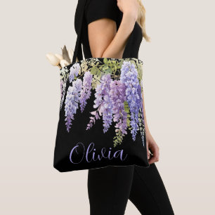 Personalize purple watercolor wisteria floral to tote bag