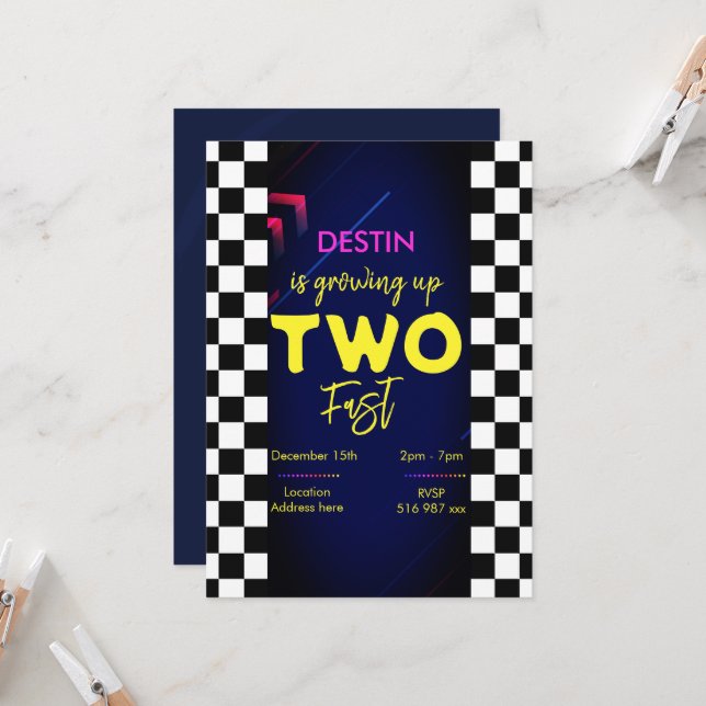 Personalize racing two fast birthday invitation (Front/Back In Situ)