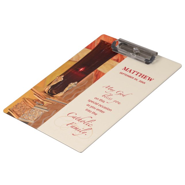 Personalize, RCIA Congratulations, Catholic, Red Clipboard (Angled)